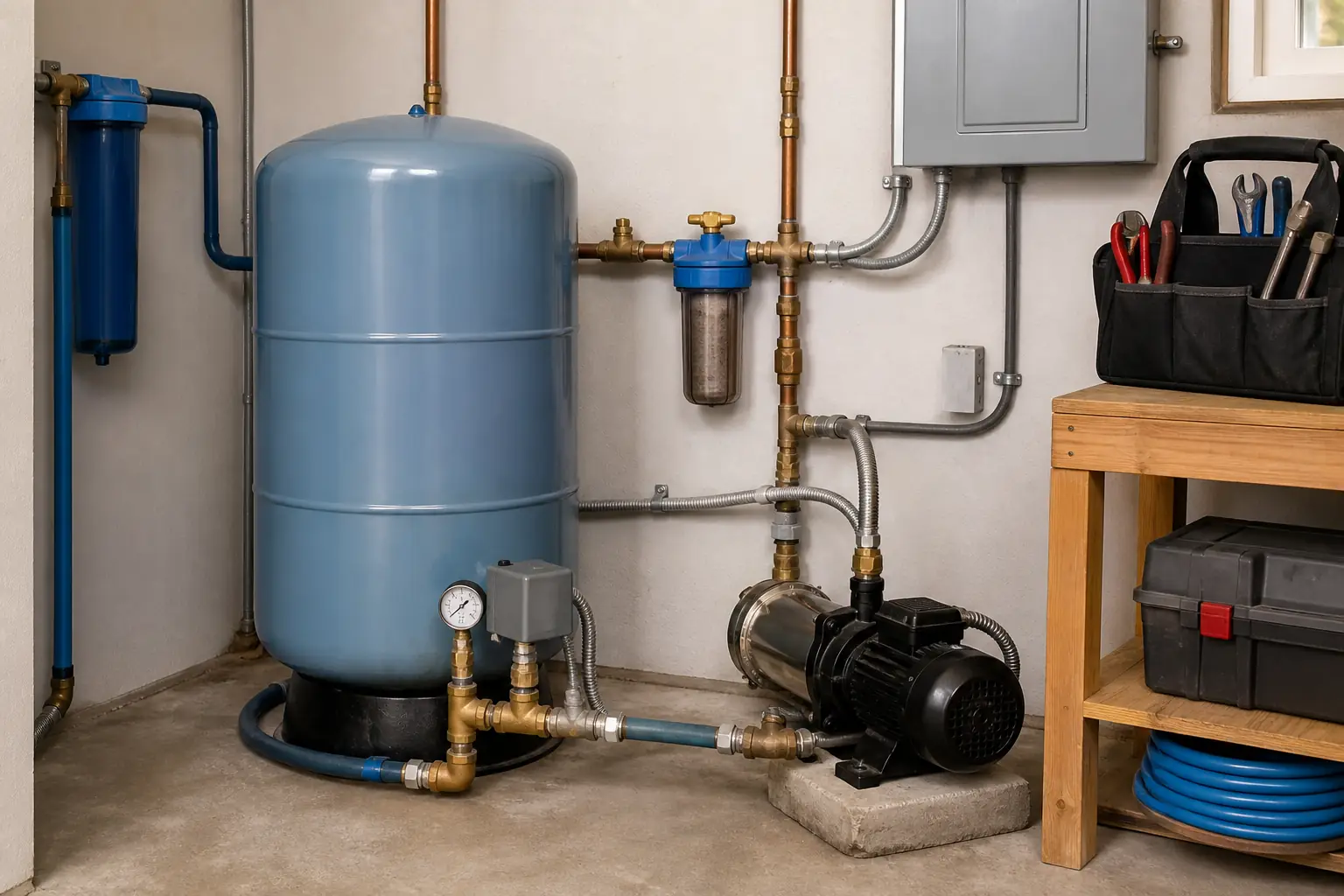 Pressure tank and pump equipment for a residential well system
